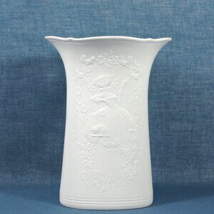 White Vase Kaiser West German Porcelain Vase 8" Tall Princess and Cat Relief